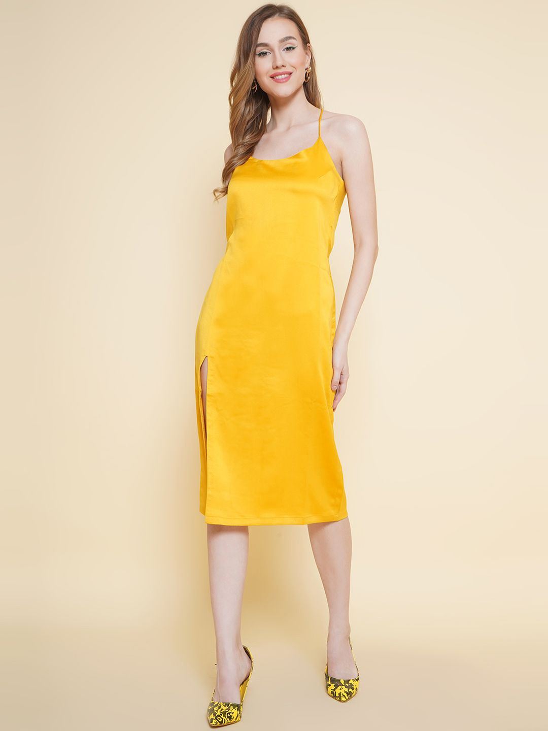 

BAESD Women Shoulder Straps A-Line Midi Dress, Mustard