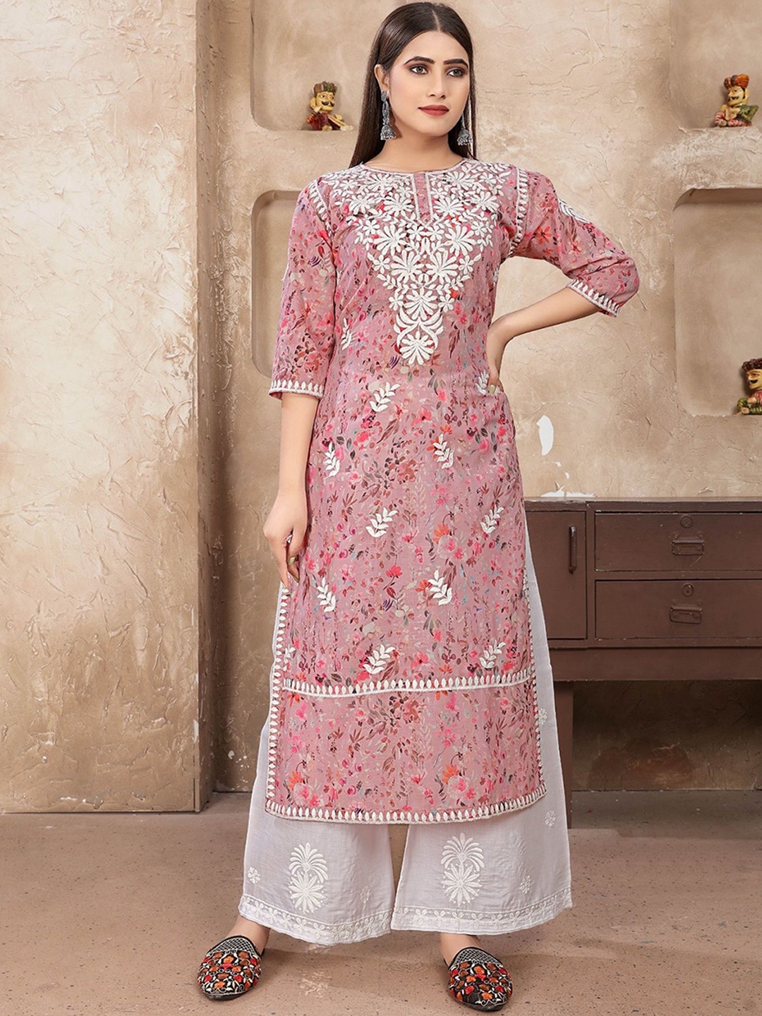 

APNISHA Floral Embroidered Regular Straight Kurta with Palazzos, Peach