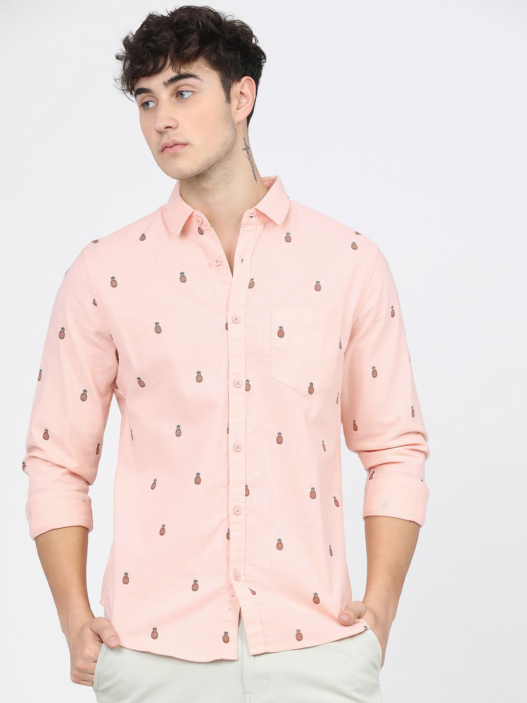 

Ketch Mens Mui Printed Casual Slim Fit Shirt, Pink