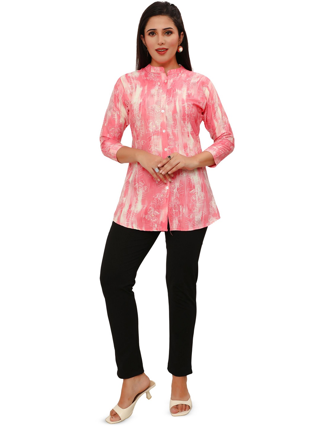 

FESYEN Women Printed Mandarin Collar Pure Cotton Tunic, Pink