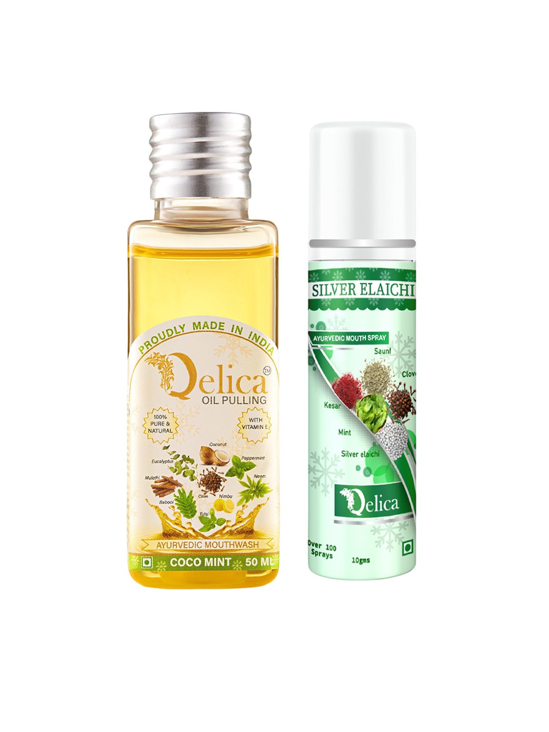 

Qelica 2 Pcs Ayurvedic Coco Mint Oil Pulling Mouthwash-50ml & Silver Elachi Spray-10ml, Transparent