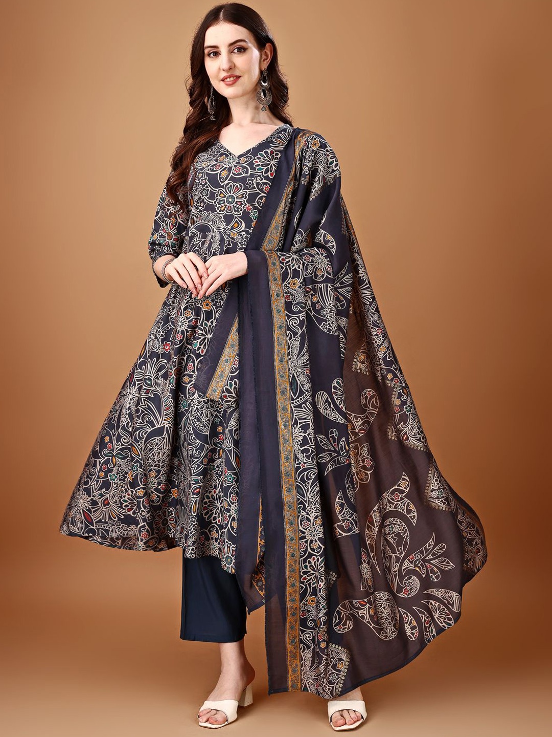 

KALINI Floral Printed Anarkali Kurta with Palazzos & Dupatta, Grey