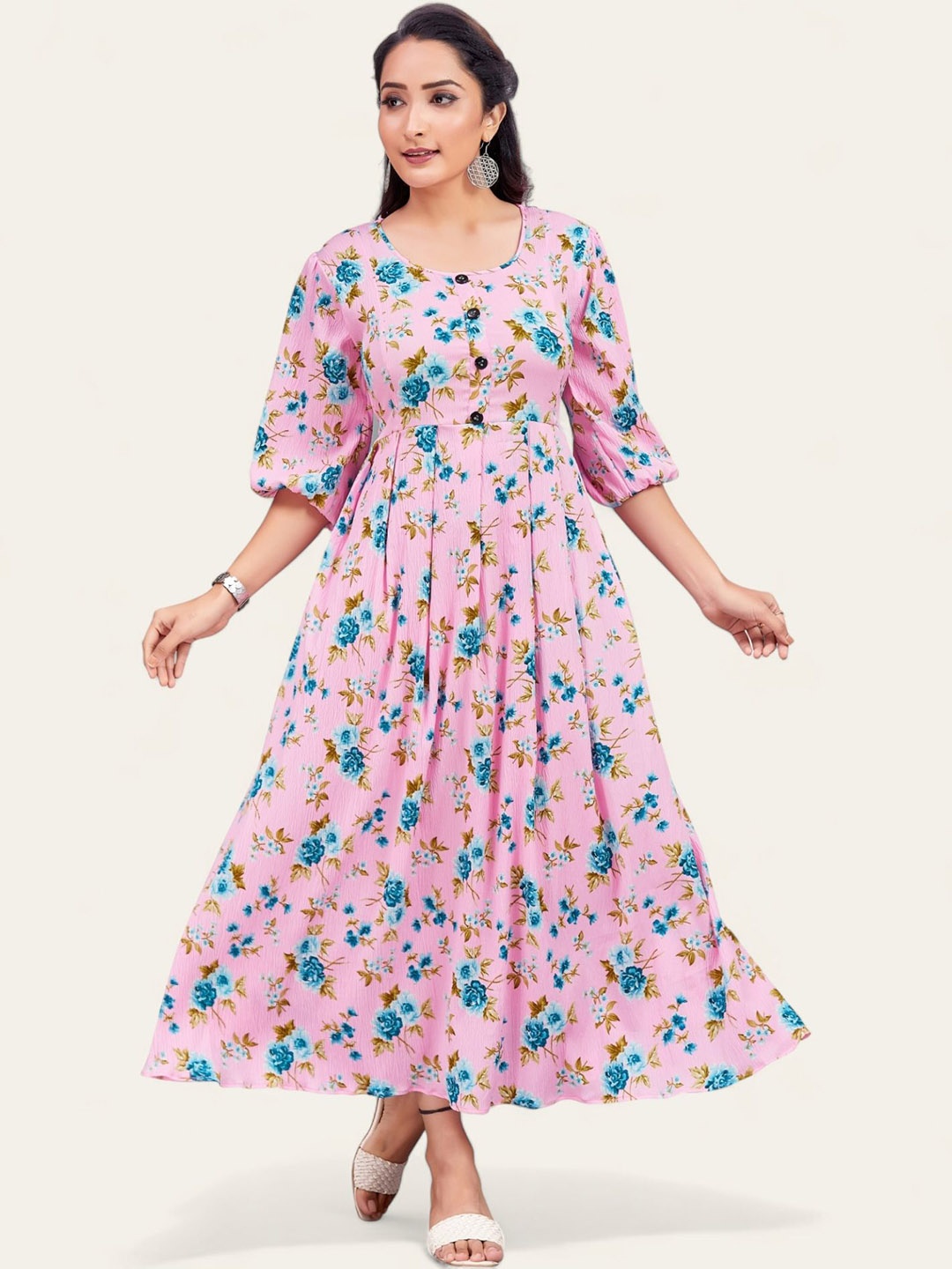 

PAMPER YOURSELF Floral Printed Puff Sleeves Fit & Flare Maxi Dress, Pink