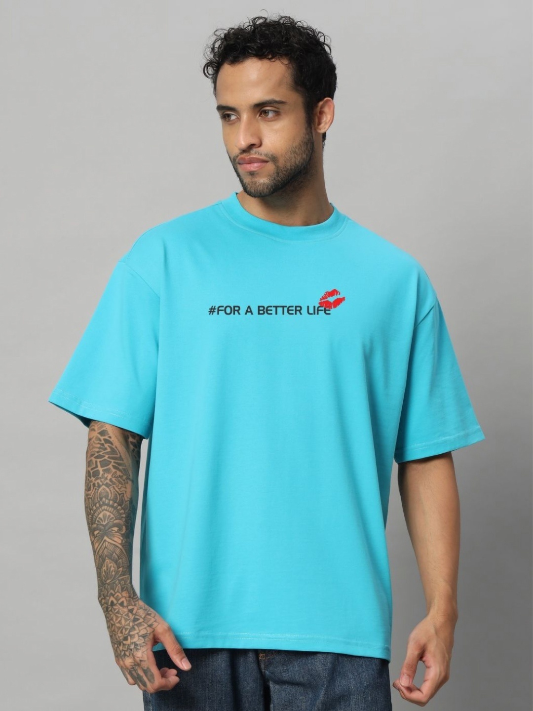 

SWAGNOX Men Typography Printed Round Neck Cotton Oversized T-shirt, Turquoise blue