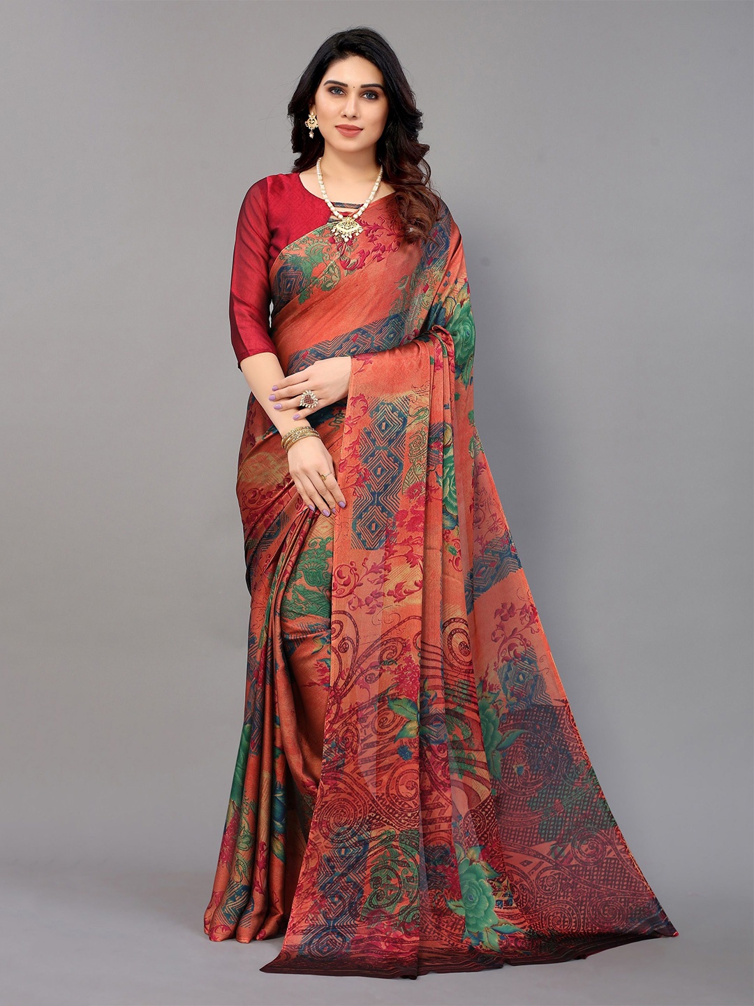 

VIRICA Floral Printed Saree With Blouse Piece, Red