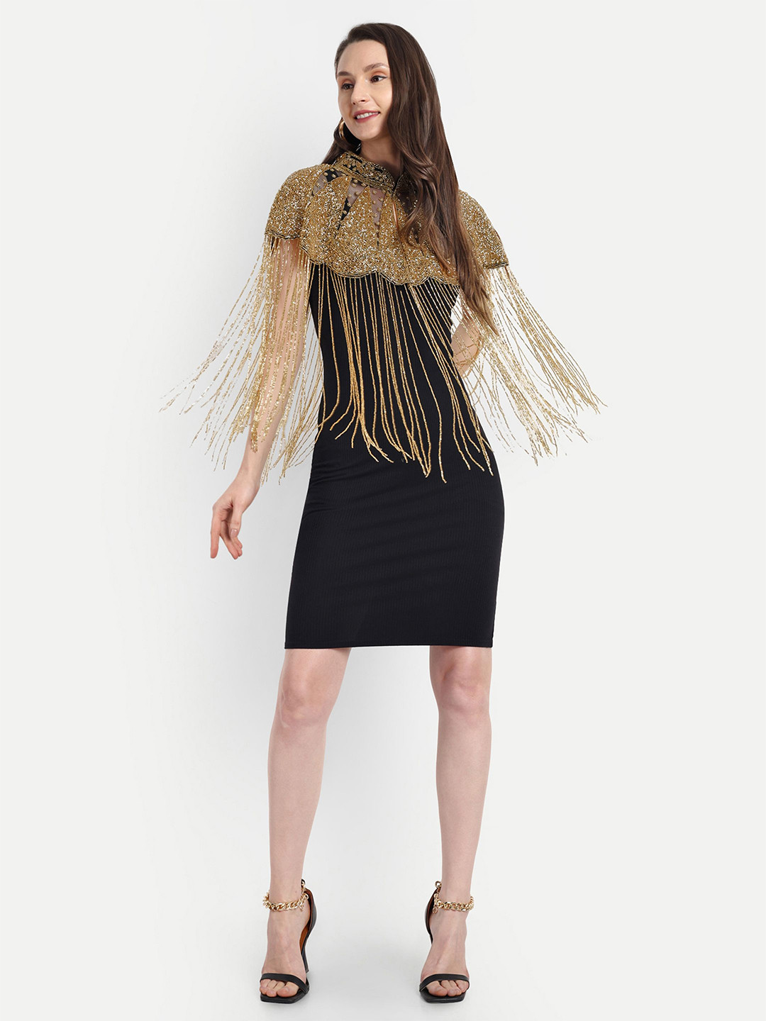 

HAUTEMODA Embellished Beads Cape Poncho, Beige