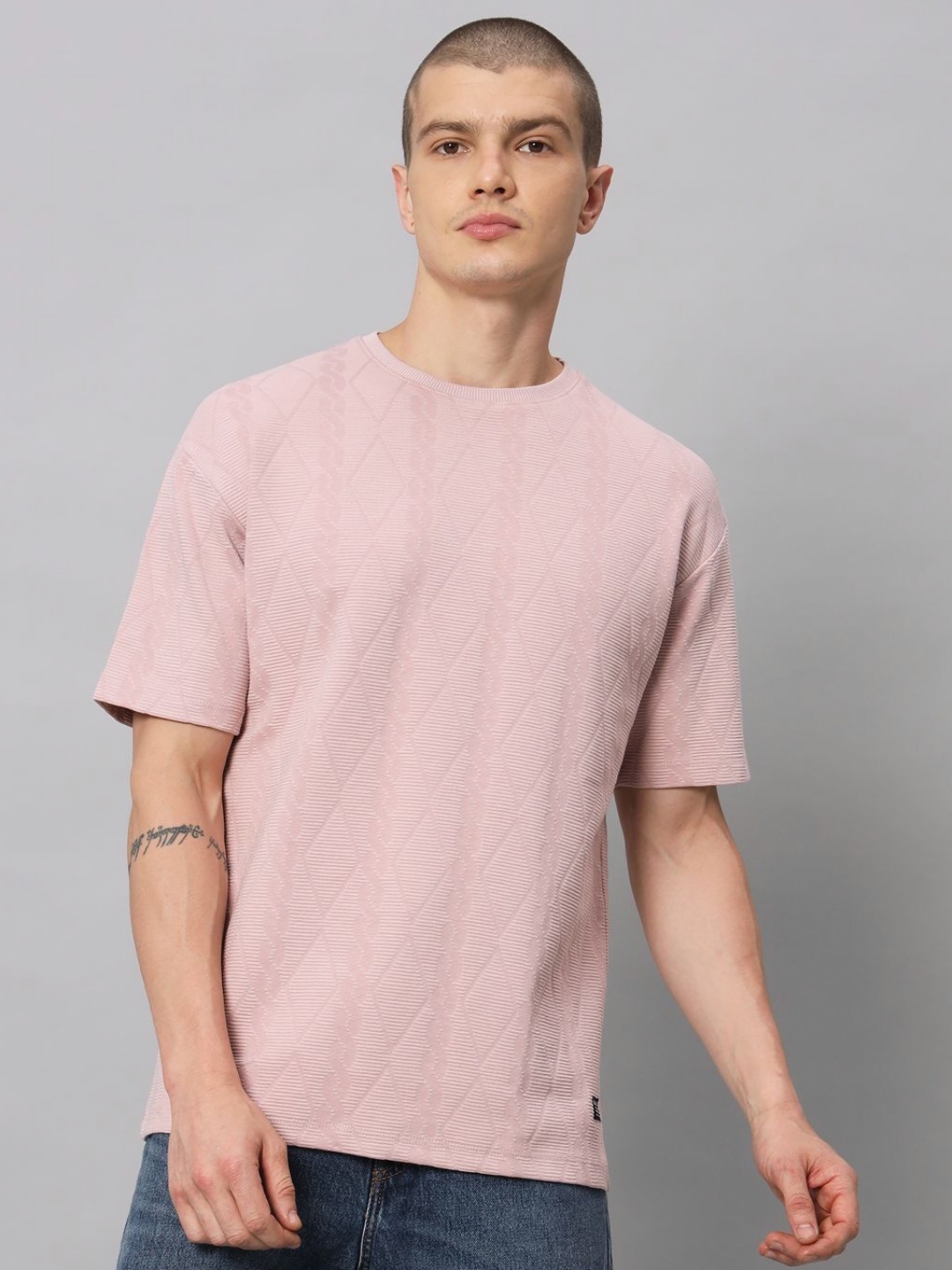 

URBAN TRAIL Men Self Design Round Neck Cotton T-shirt, Pink