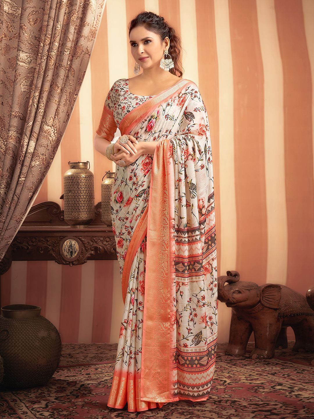 

Mitera Floral Printed Zari Pure Cotton Banarasi Saree, Orange