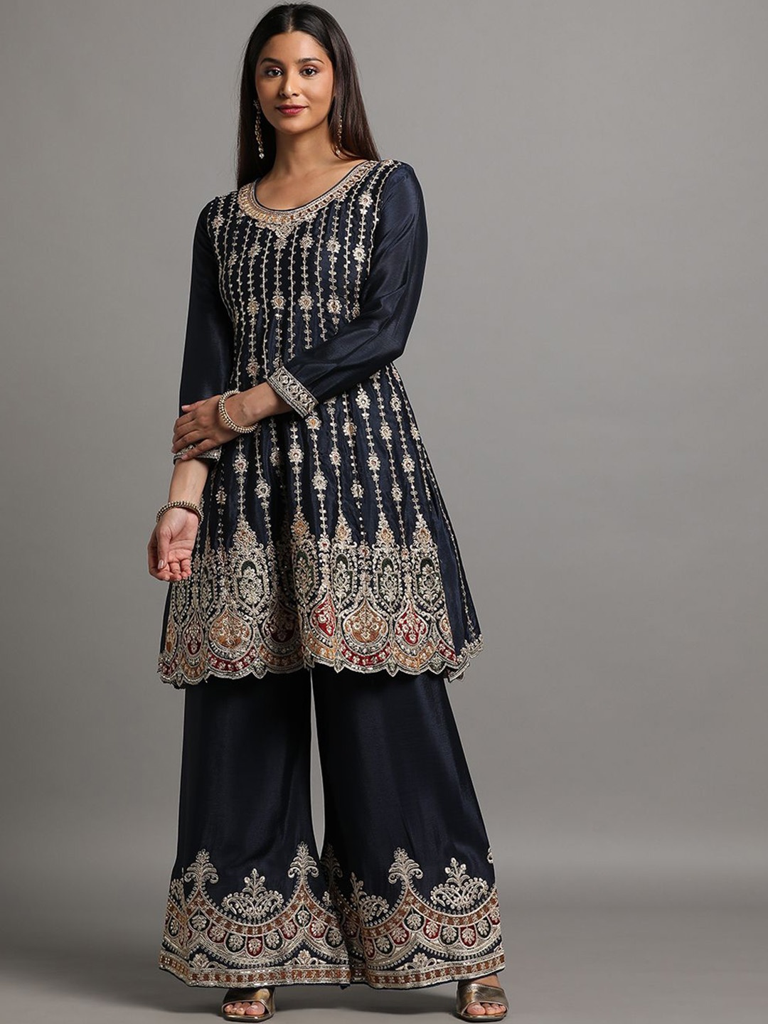 

Miss Ethnik Ethnic Motifs Embroidered Sequinned A-Line Kurta with Palazzo & Dupatta, Blue