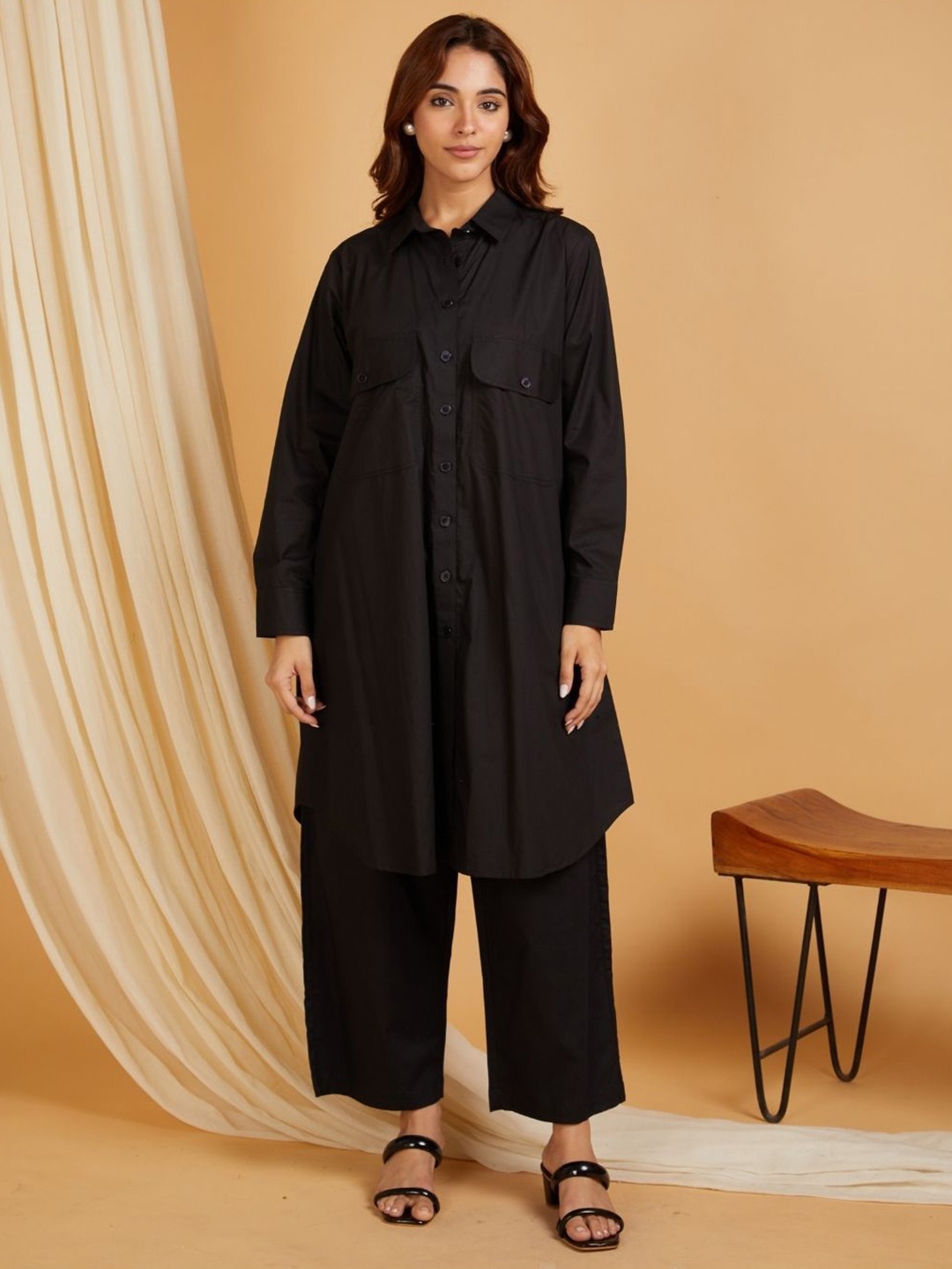 

SANASH Collections Shirt Collar Pure Cotton Tunic & Trouser Co-Ords, Black