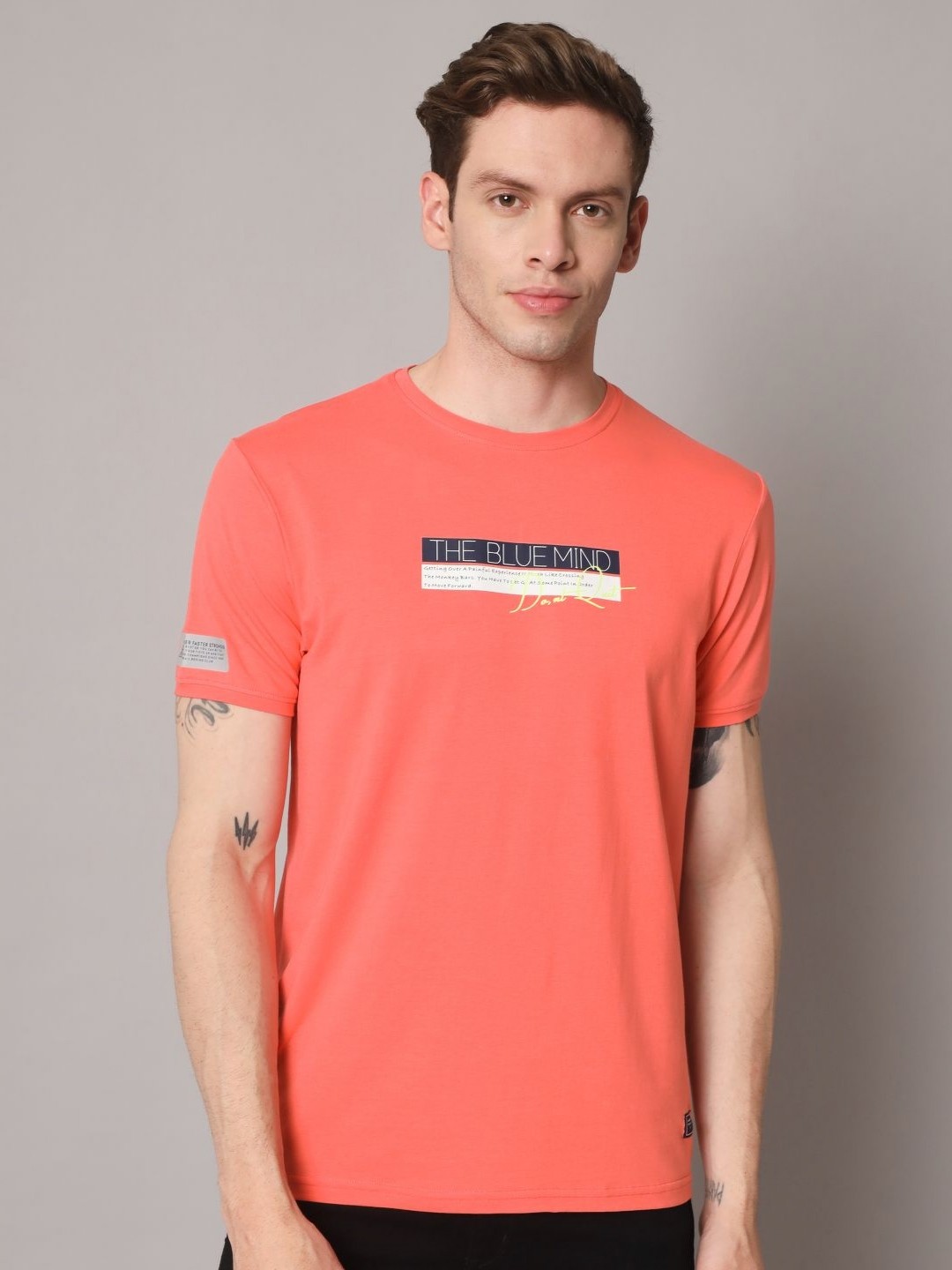 

URBAN TRAIL Men Typography Printed Round Neck Cotton T-shirt, Orange