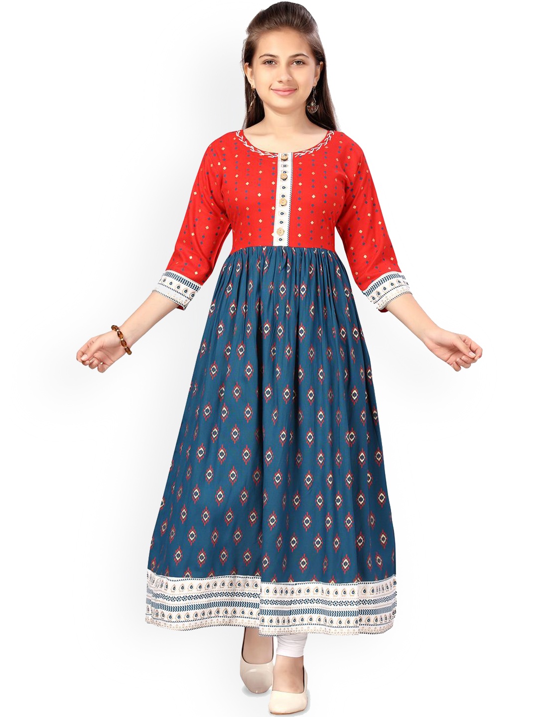 

BAESD Girls Ethnic Motifs Printed Round Neck Cotton Anarkali Kurta, Red