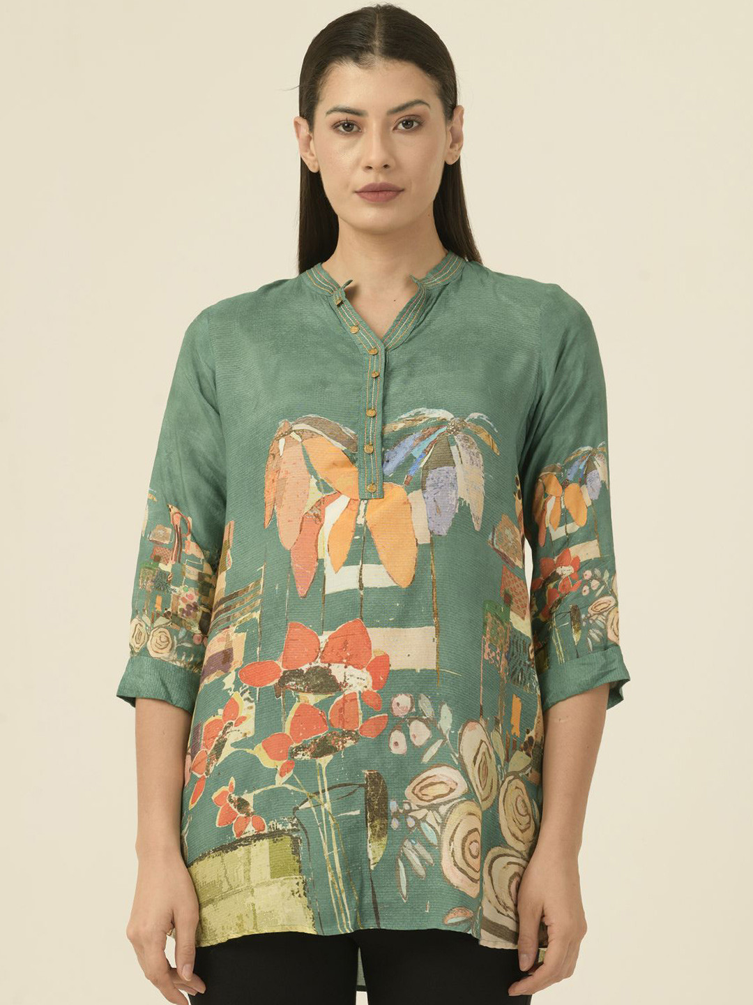 

Albion By CnM Women Abstract Printed Mandarin Collar Top, Sea green