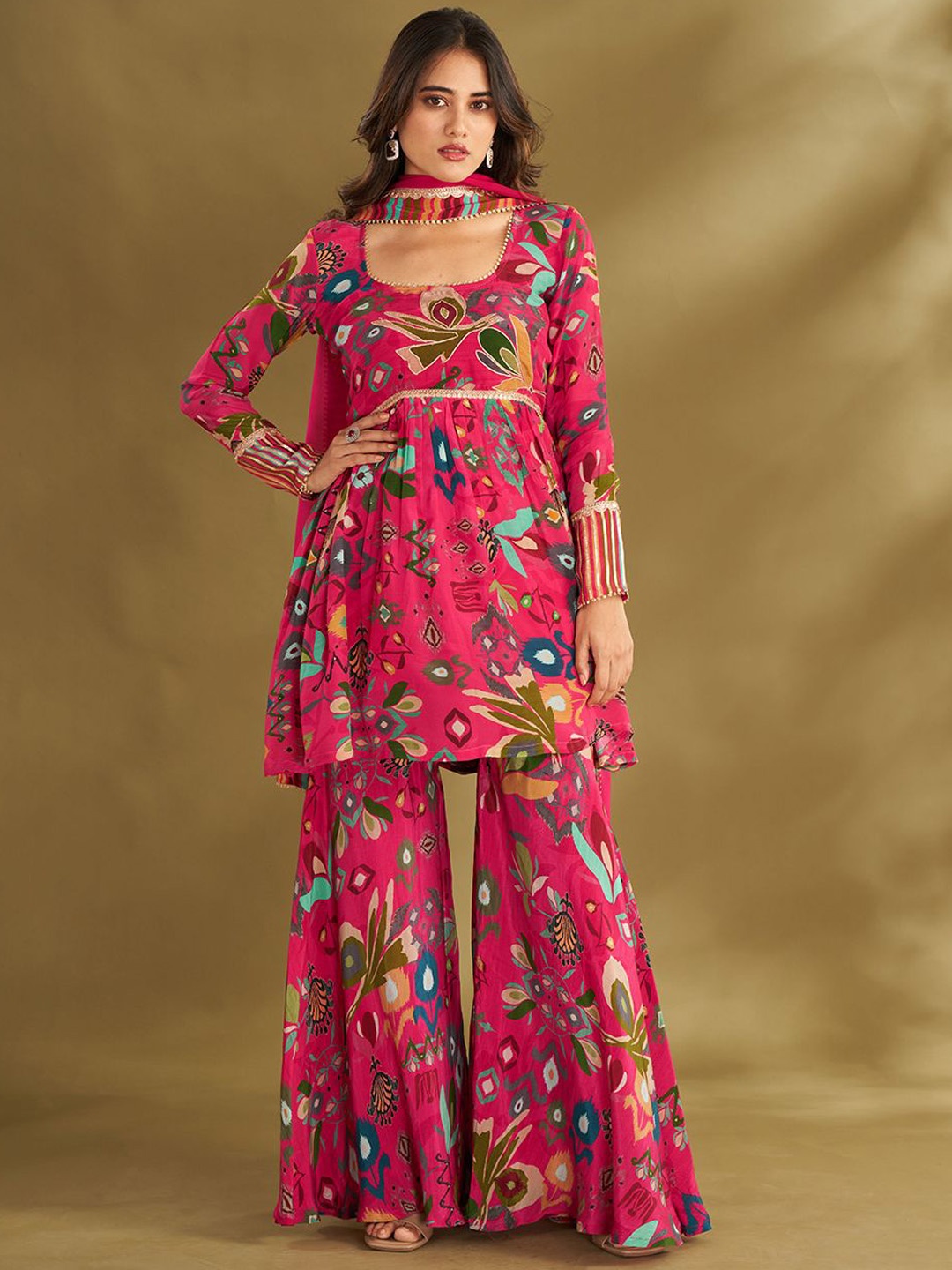 

Affroz Floral Printed Empire Silk Crepe A-Line Kurti with Sharara & Dupatta, Pink