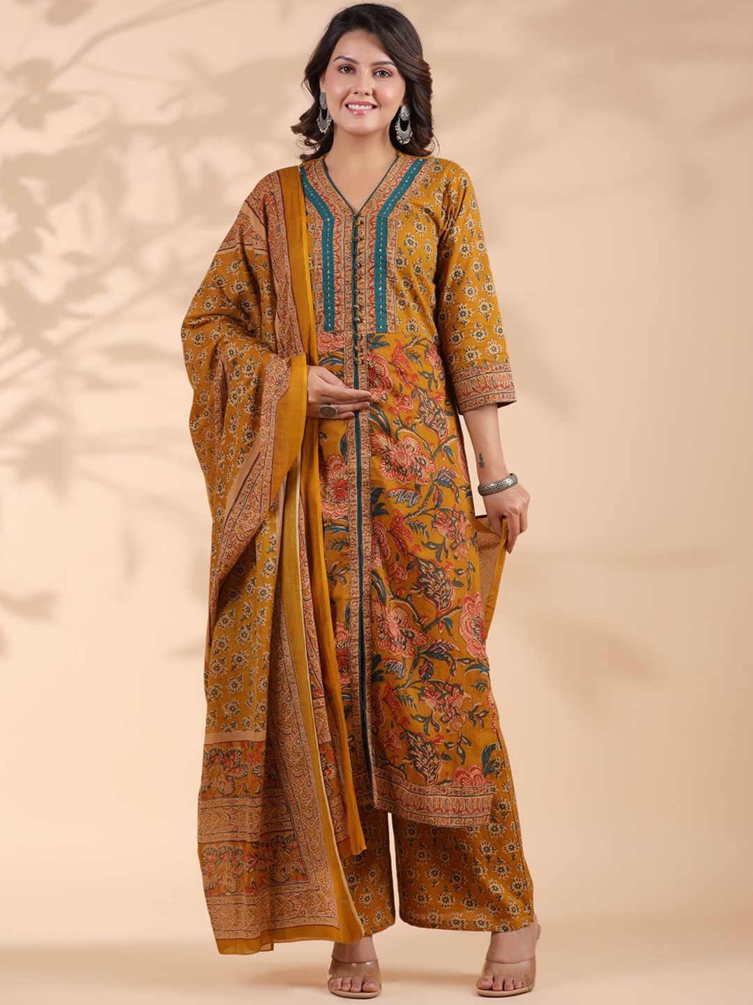 

Vbuyz Floral Printed Pure Cotton Straight Kurta With Palazzos & Dupatta, Mustard