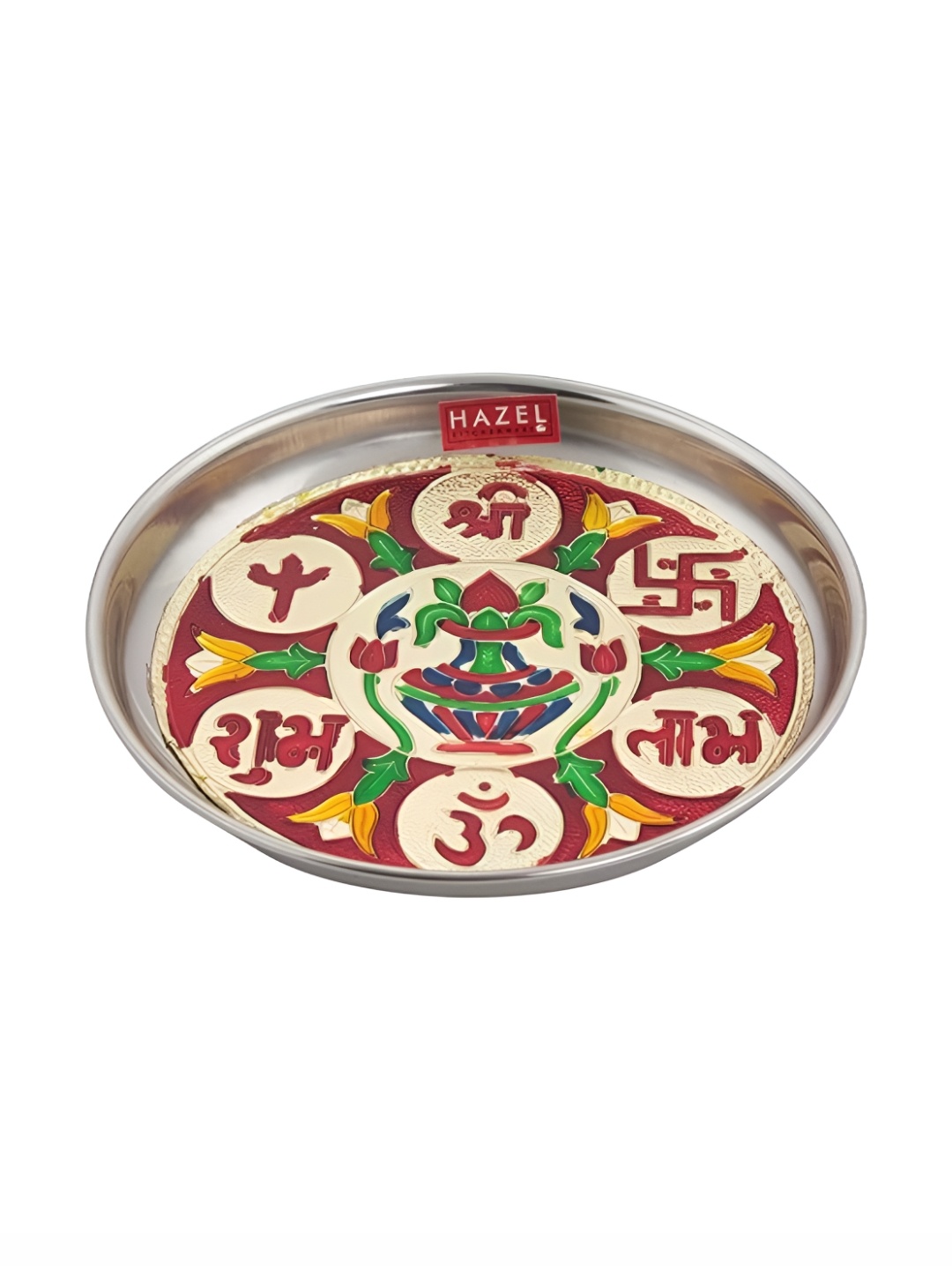 

HAZEL Red & Green Steel Round Shubh Labh Pooja Thaali, Gold