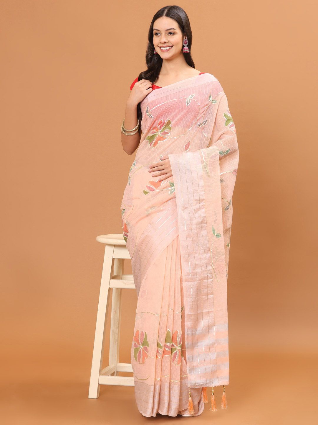 

Meena Bazaar Floral Gotta Patti Saree, Peach