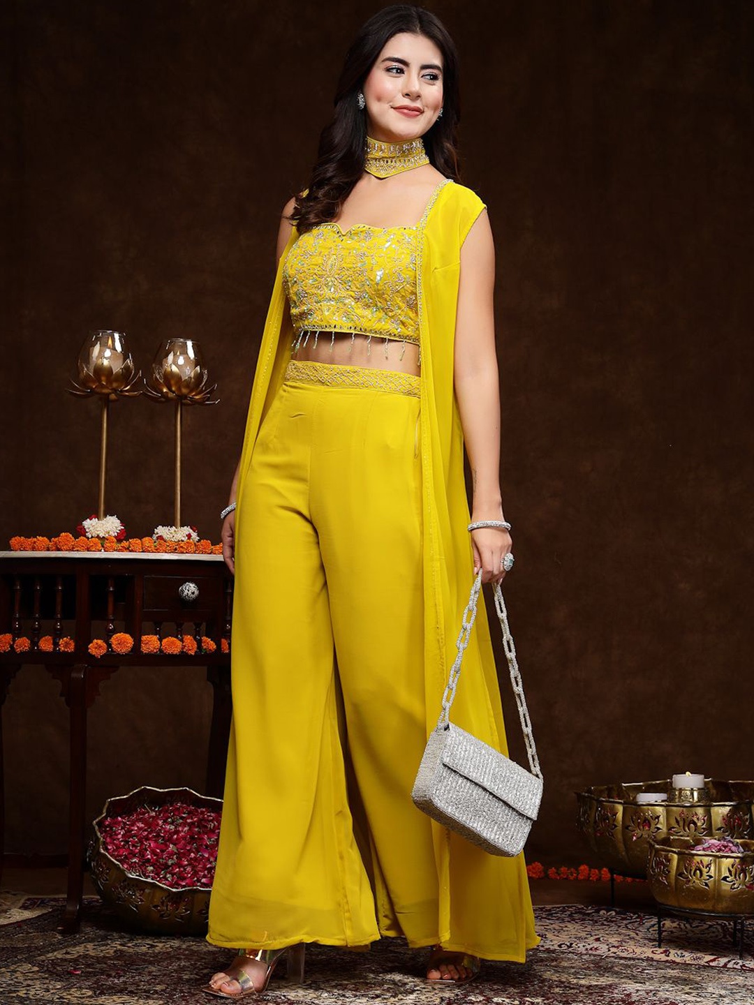 

Stylum Embellished Top & Palazzo With Shrug, Mustard