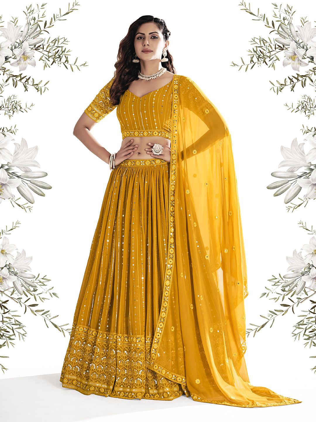 

Shee Star Embroidered Sequinned Semi-Stitched Lehenga & Unstitched Blouse With Dupatta, Yellow