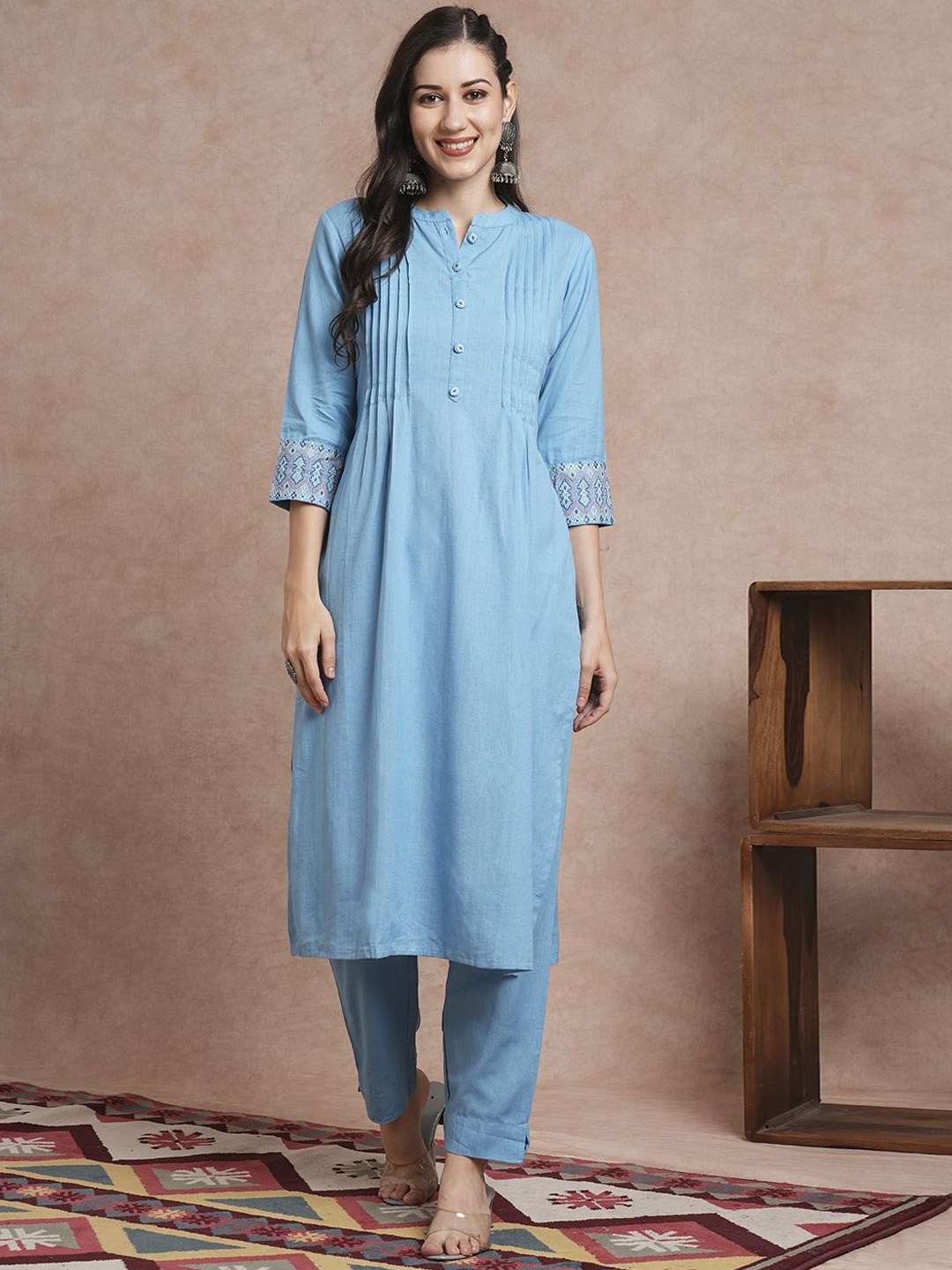 

FASHOR Embroidered Pure Cotton Tunic With Palazzos, Blue