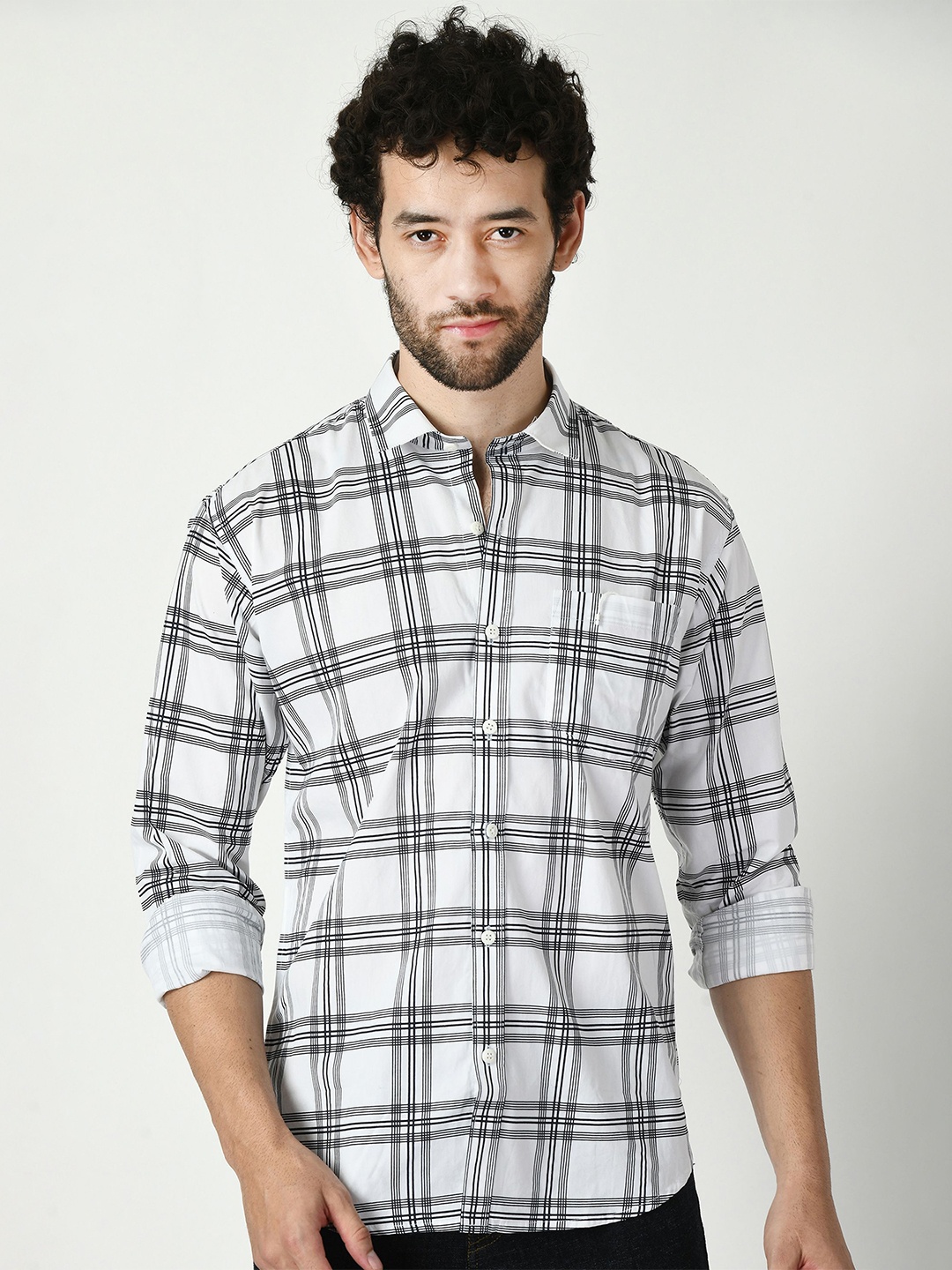 

PEBCO Men Classic Spread Collar Tartan Checked Cotton Slim Fit Casual Shirt, White