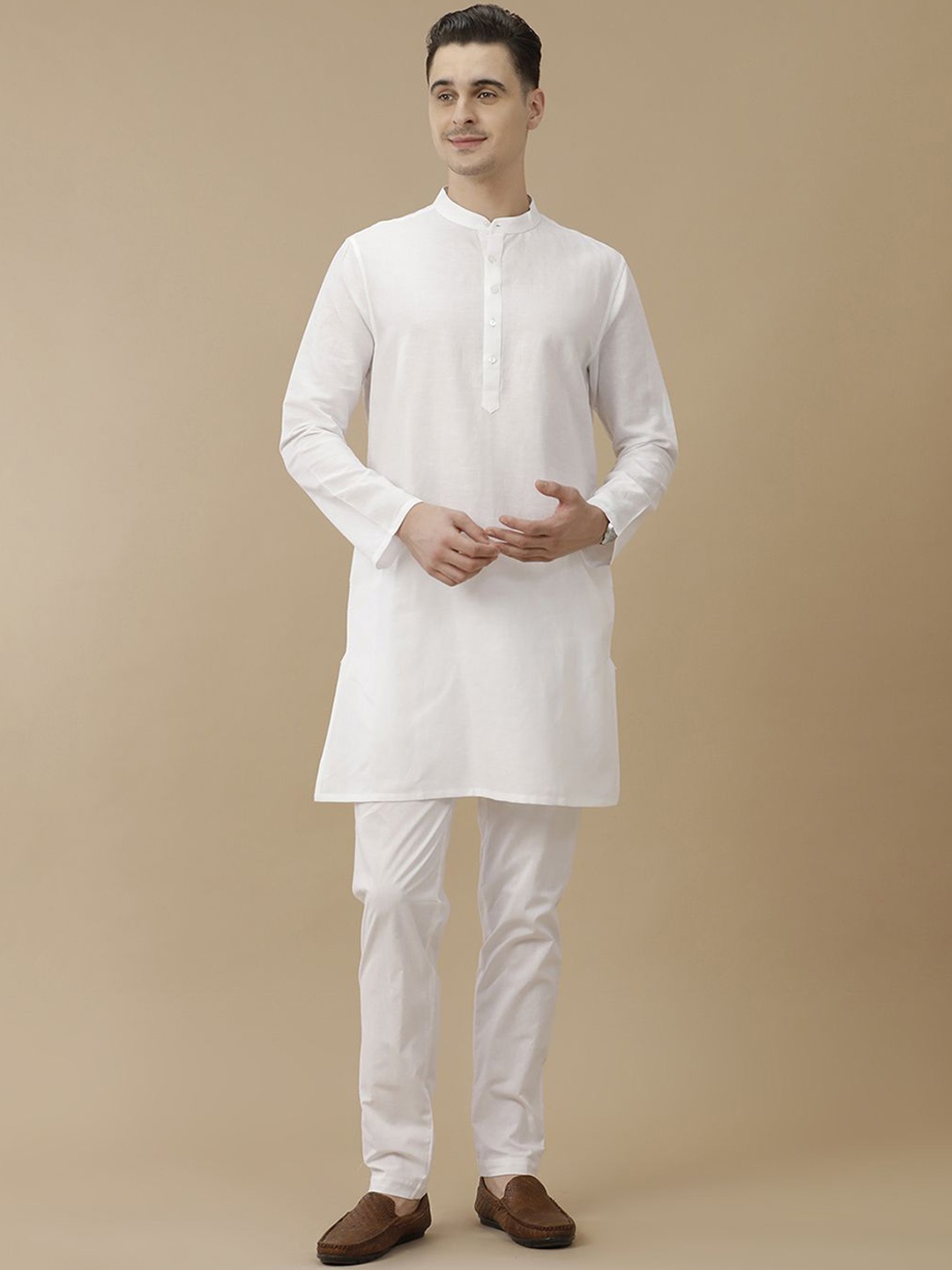 

Linen Club Mandarin Collar Linen Cotton Straight Kurta, White