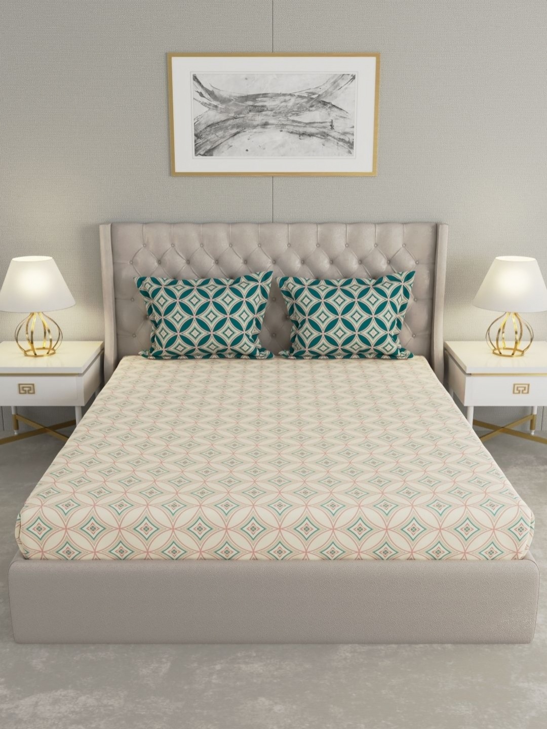 

Raymond Home Camphor Green Geometric Printed 144 TC Queen Bedsheet With 2 Pillow Covers