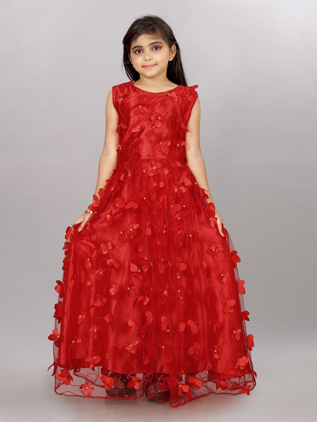 

LADY SHOPI Girls Embroidered Net Maxi Dress, Red