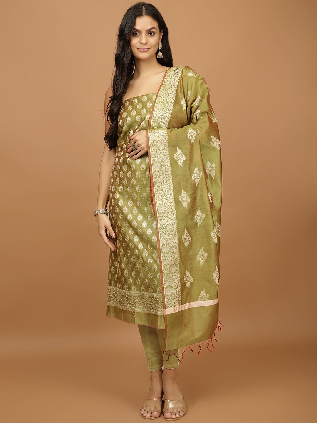 

Meena Bazaar Ethnic Motifs Woven Design Unstitched Dress Material, Green