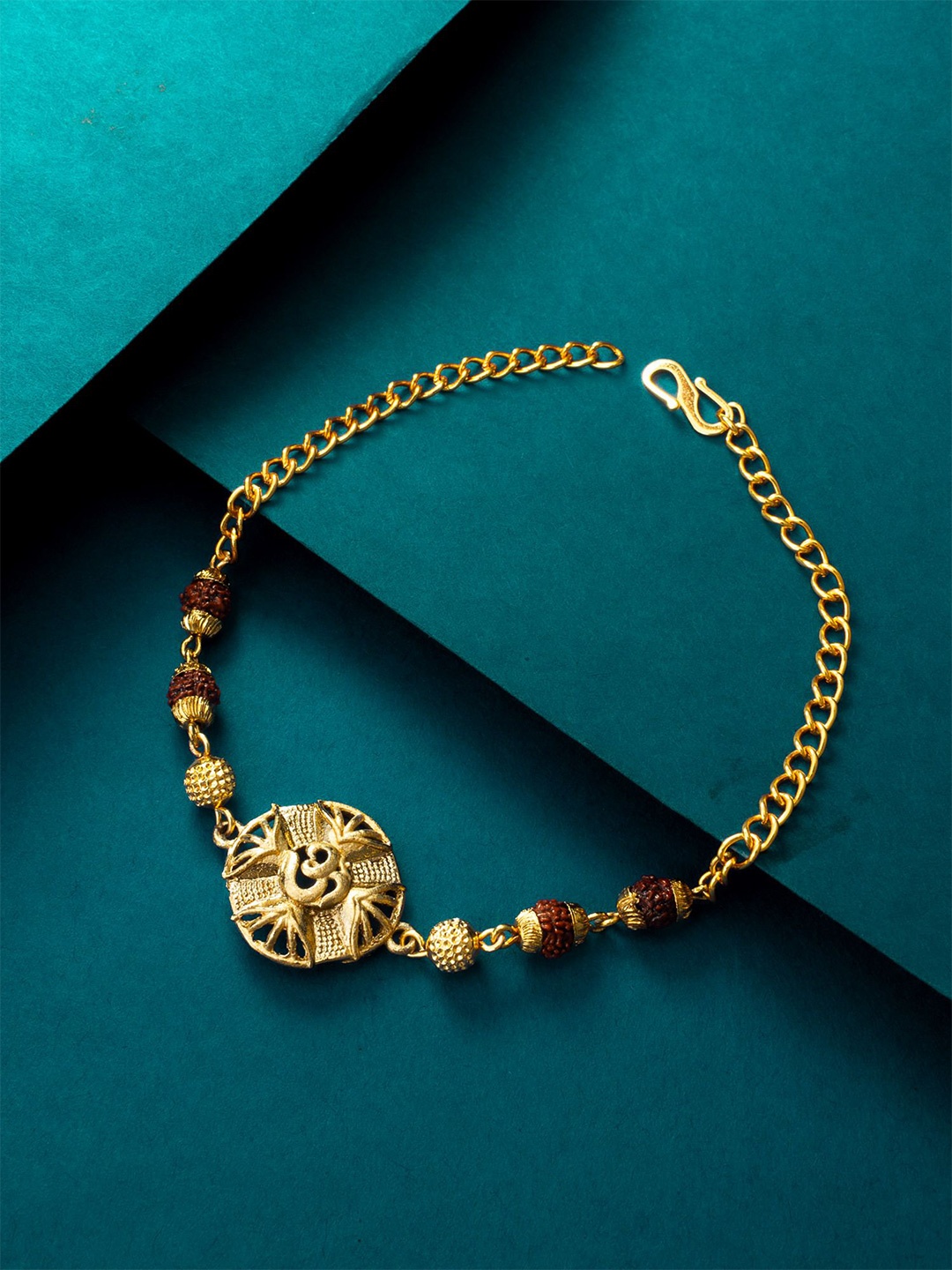 

aadita Gold-Plated Rudraksh Om Link Bracelet