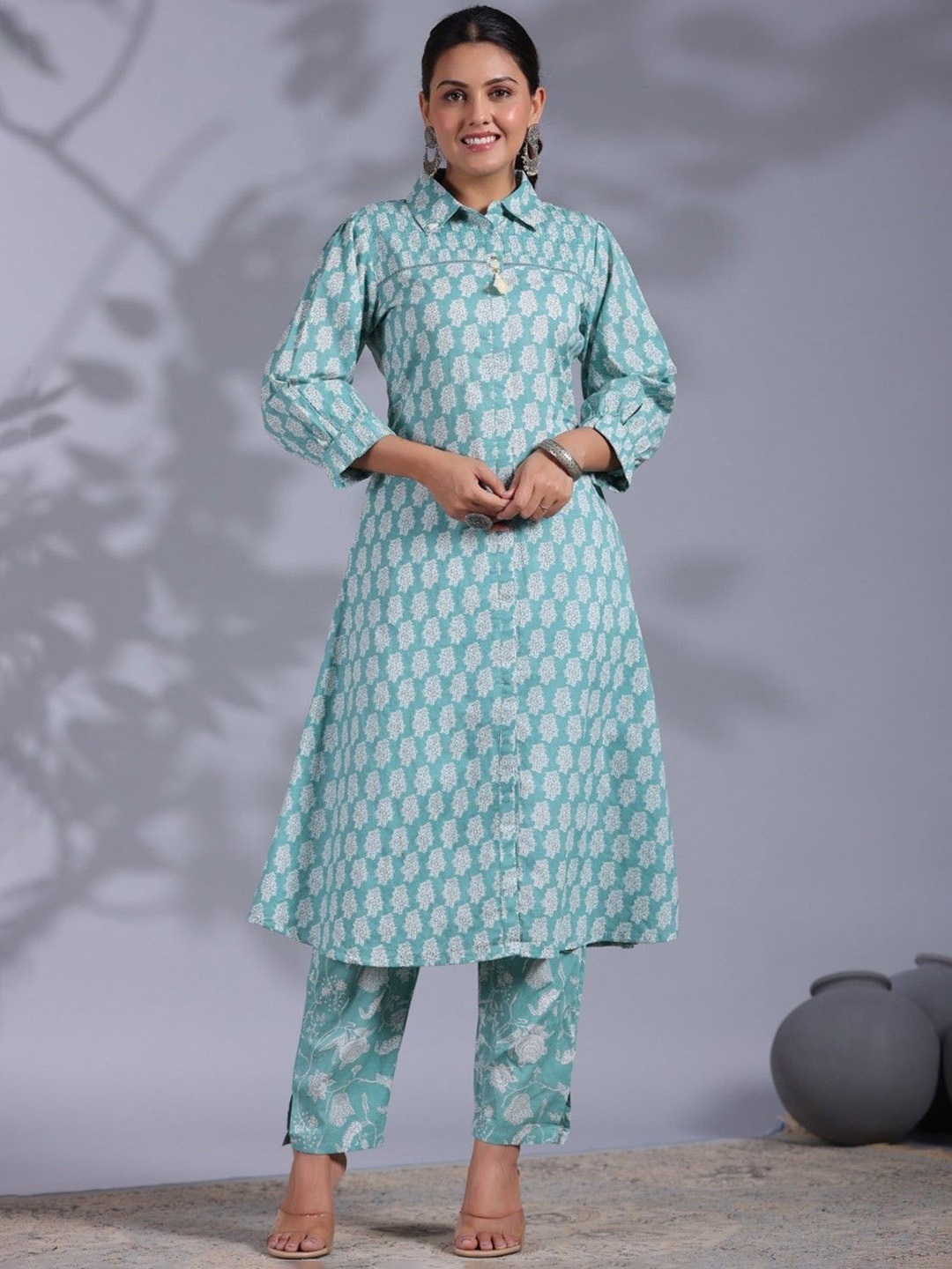 

AUTUMN LANE Ethnic Motifs Printed A-Line Pure Cotton Kurta With Trousers, Blue