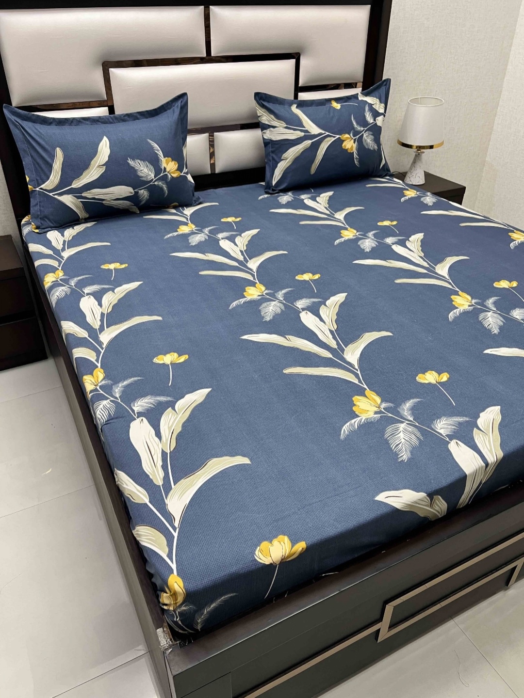 

Pure Decor Blue & Yellow Floral Cotton 230 TC Queen Bedsheet with 2 Pillow Covers