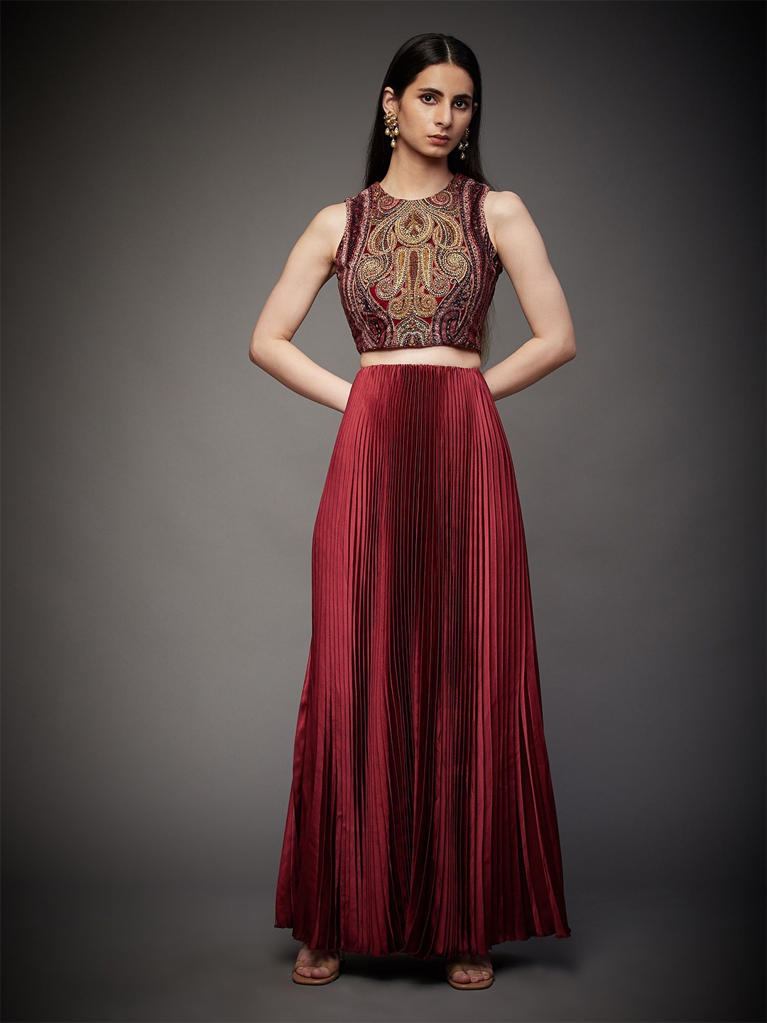 

Ri.Ritu Kumar Embroidered Sequinned Ready To Wear Lehenga & Blouse, Burgundy