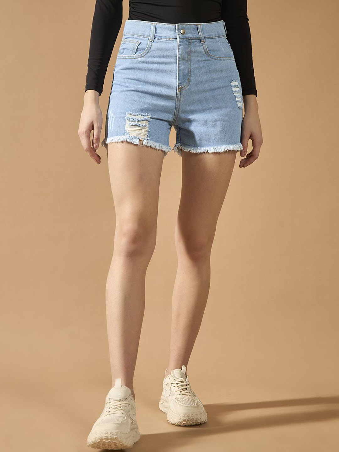 

The Roadster Women Relaxed Fit Mid Rise Highly Distressed Regular Length Denim Shorts, Blue