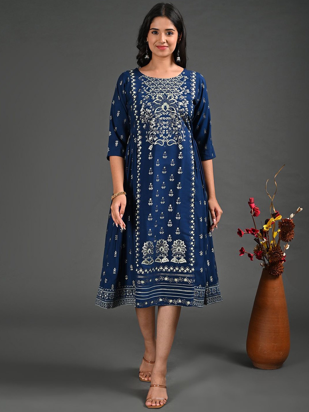 

GOLDSTROMS Ethnic Motifs Printed Round Neck A-Line Kurta, Navy blue