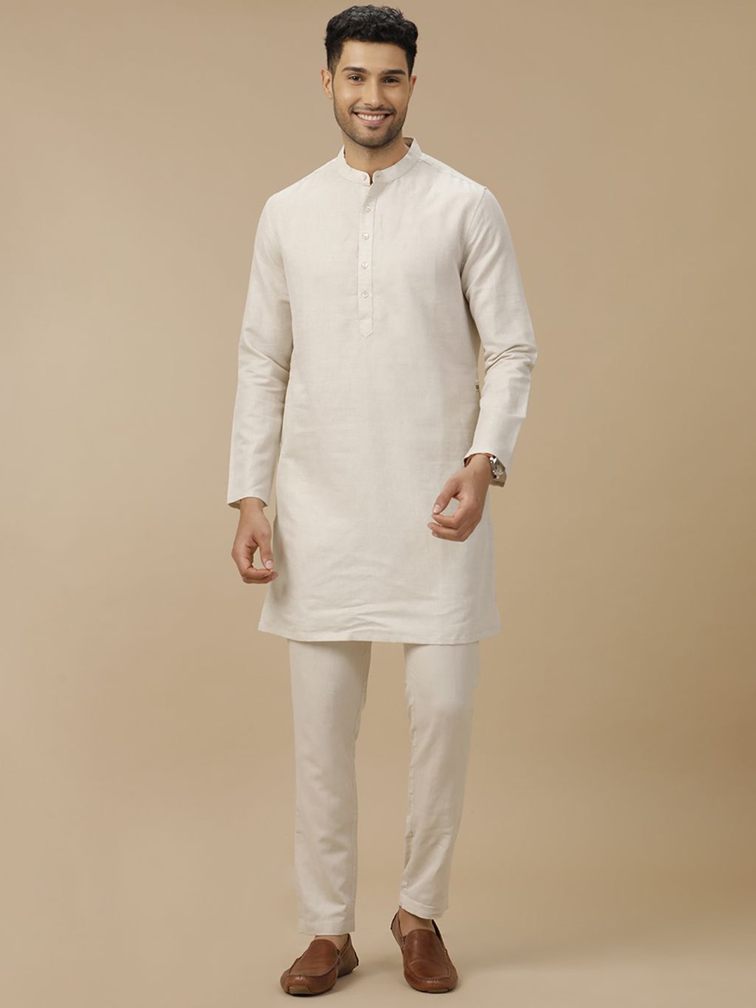 

Linen Club Mandarin Collar Linen Cotton Straight Kurta, Off white