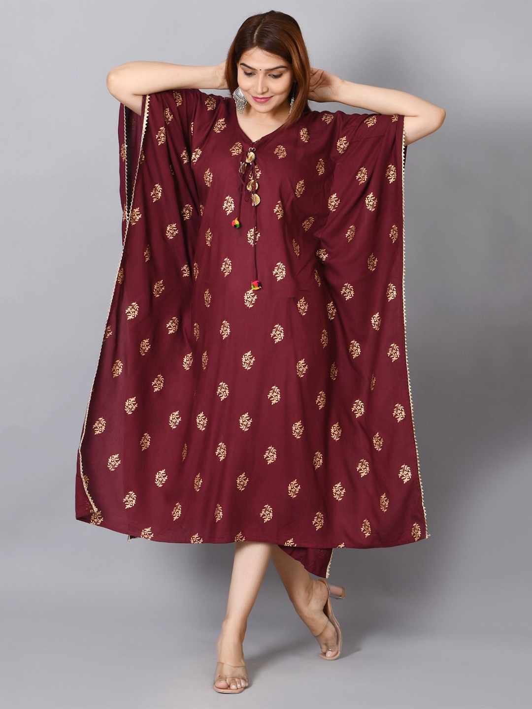 

Cloth Bites Printed Kaftan Ethnic Dress, Maroon