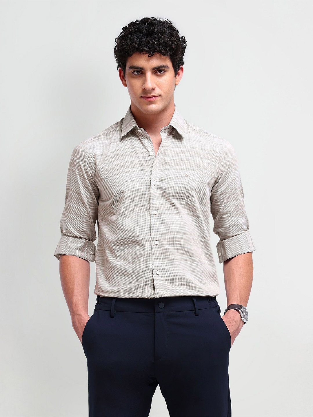 

Arrow New York Men Comfort Horizontal Striped Cotton Slim Fit Formal Shirt, Grey