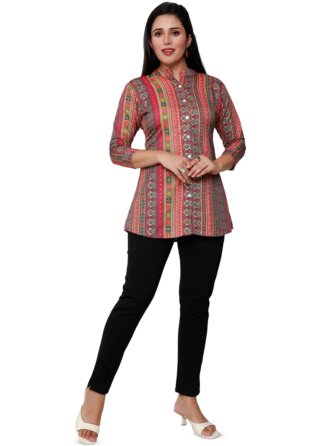 

FESYEN Women Mandarin Collar Printed Ethnic Cotton Tunic, Pink