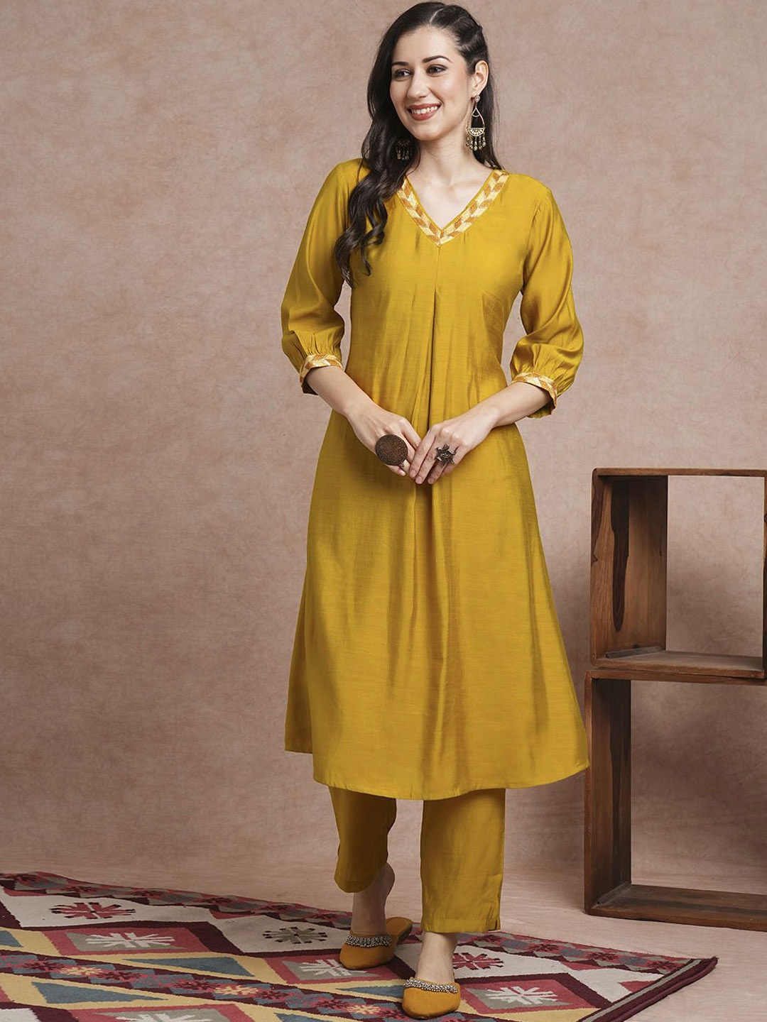 

FASHOR Embroidered A-Line Panelled Tunic With Trouser, Mustard