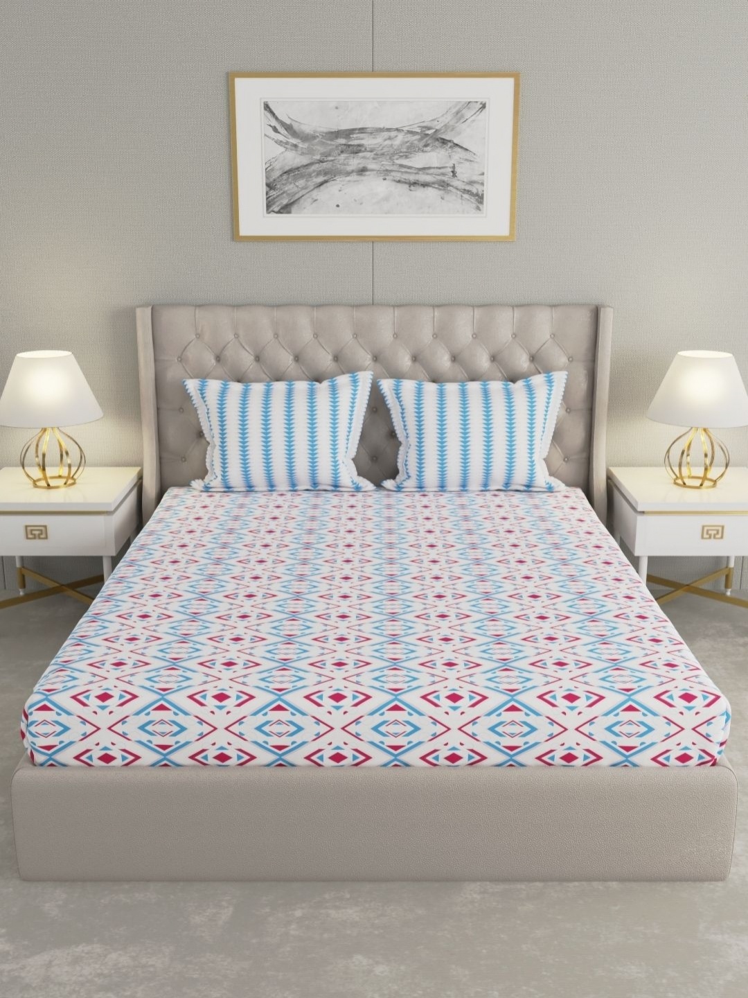 

Raymond Home Camphor Blue Geometric Printed 144 TC Cotton Queen Bedsheet & 2 Pillow Covers