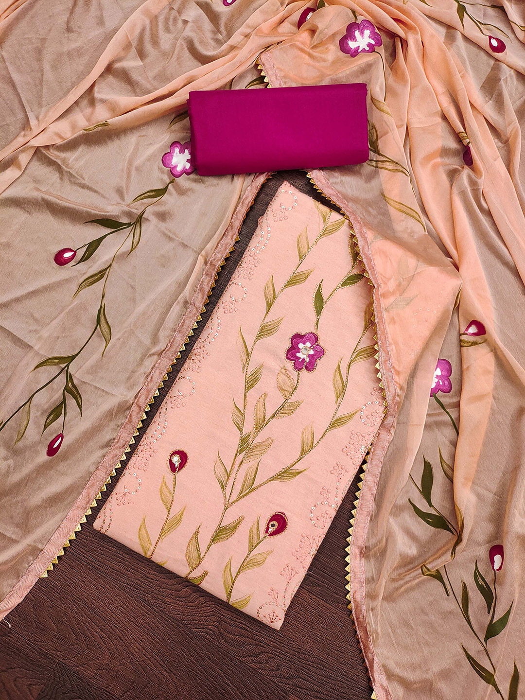 

Ishin Floral Embroidered Unstitched Dress Material, Peach