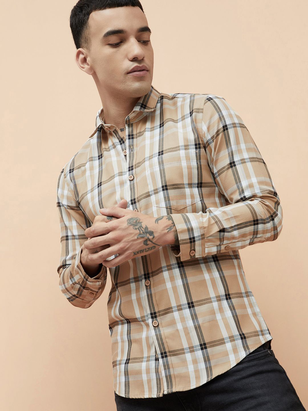 

Fame Forever by Lifestyle Men Spread Collar Tartan Checked Cotton Casual Shirt, Beige