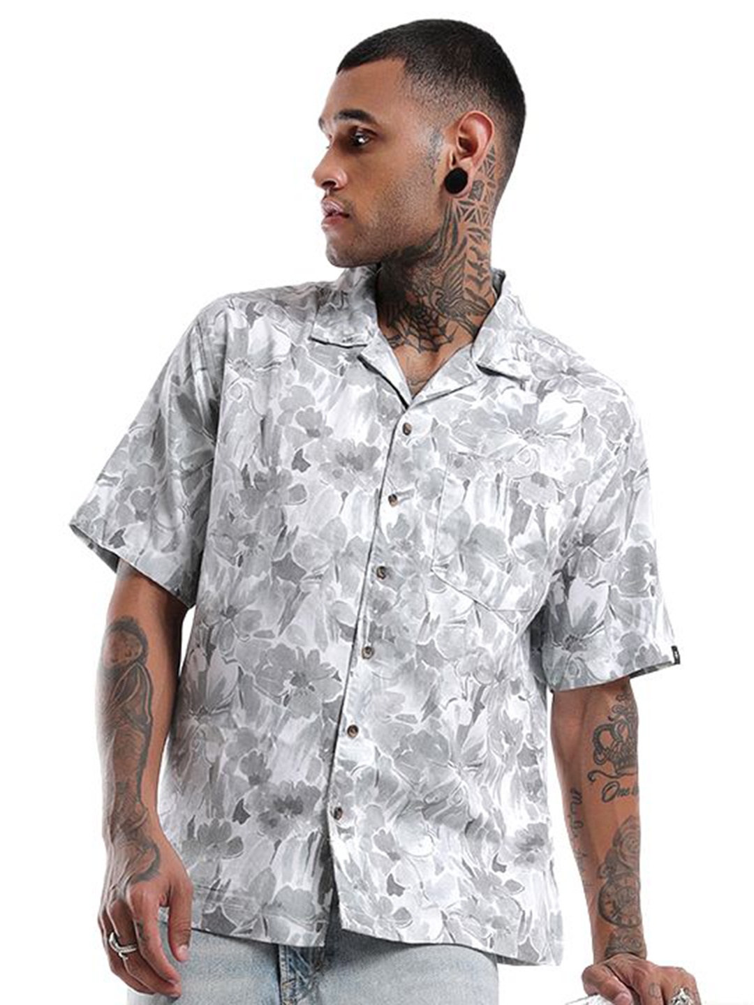 

WROGN Men Cuban Collar Abstract Printed Casual Shirt, Grey