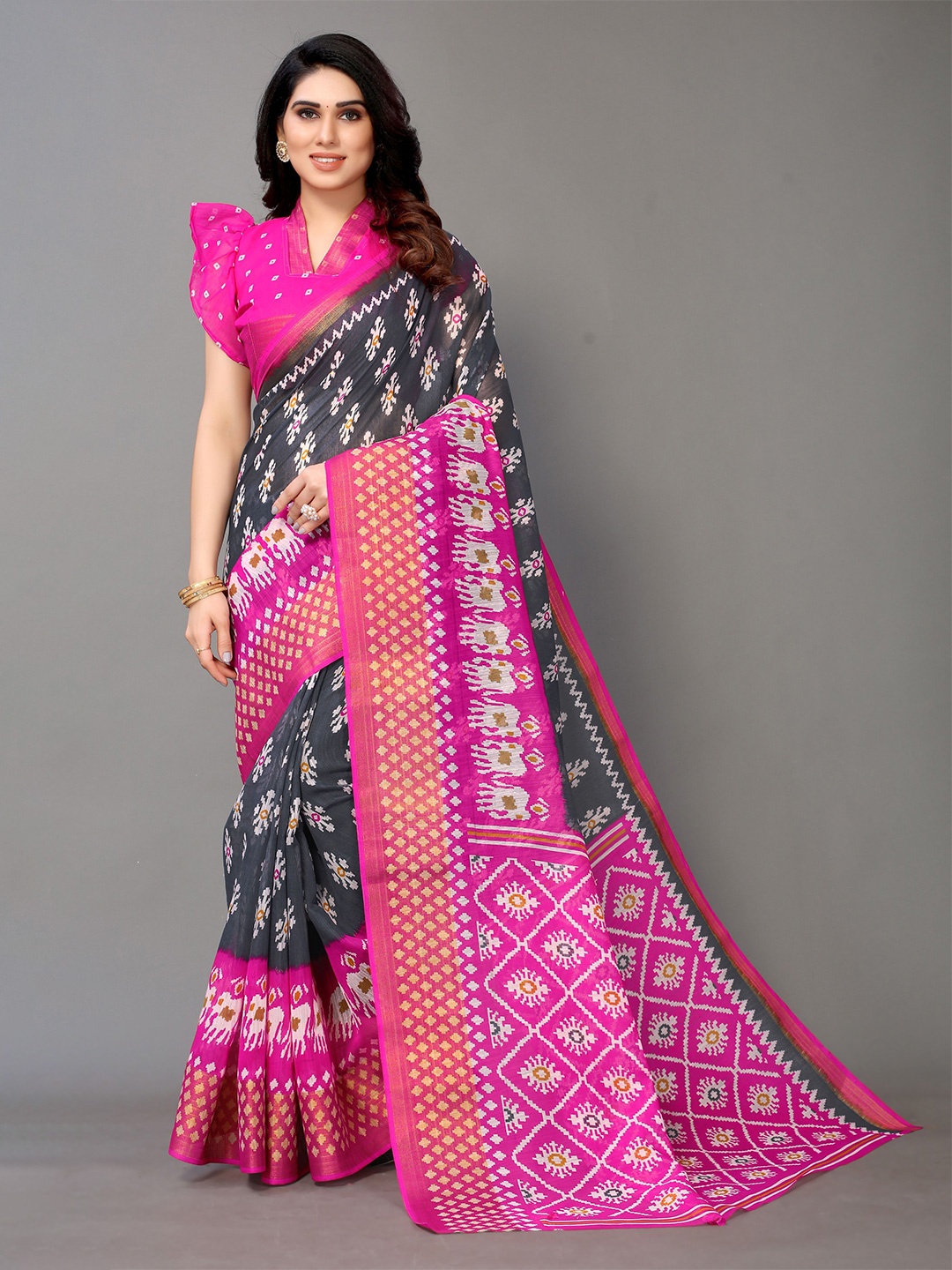 

VIRICA Floral Printed Phulkari Silk Cotton Saree, Grey