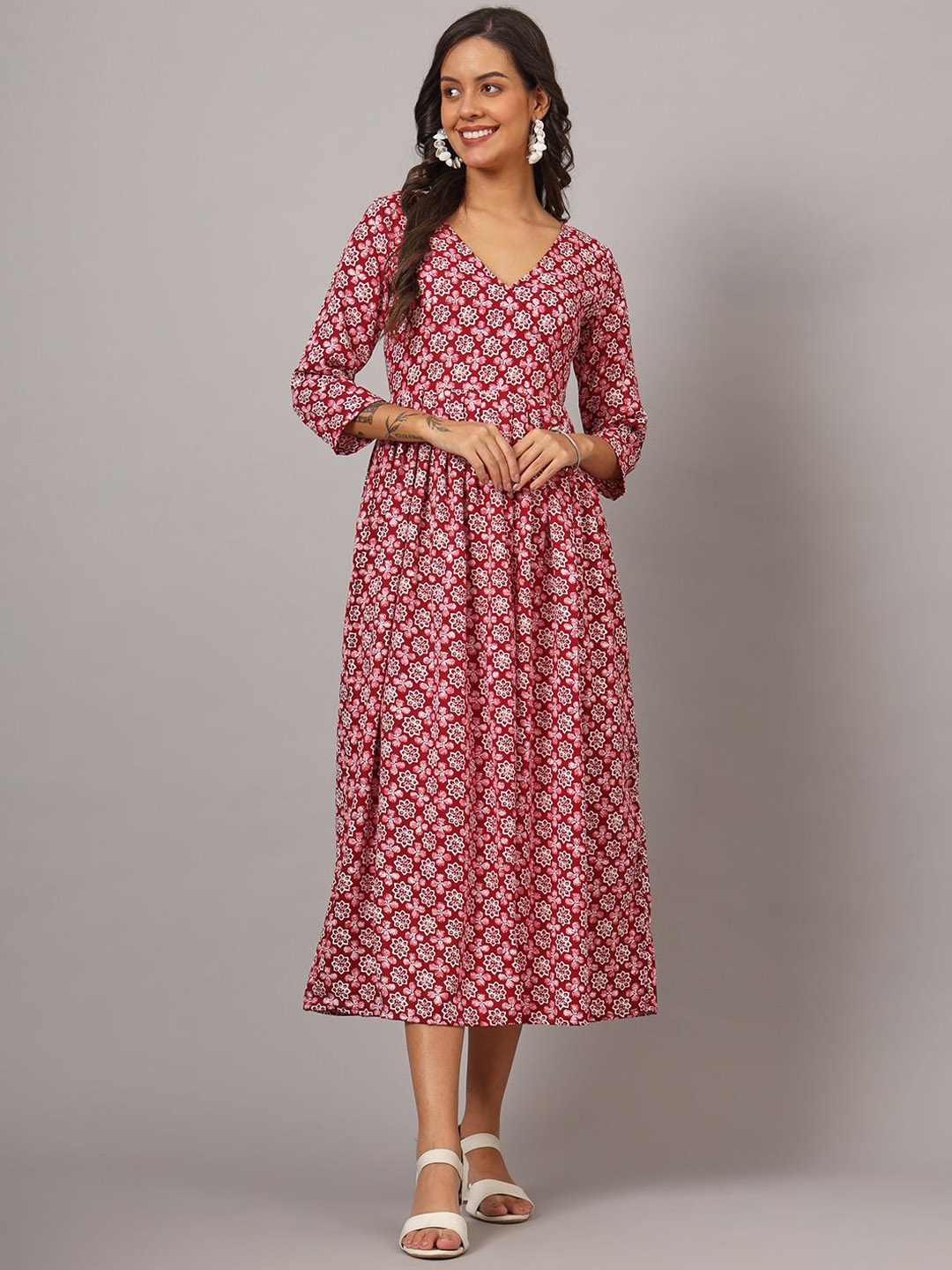 

DHAKRE FASHION Floral Printed V-Neck Gathered Fit & Flare Midi Silk Ethnic Dress, Red