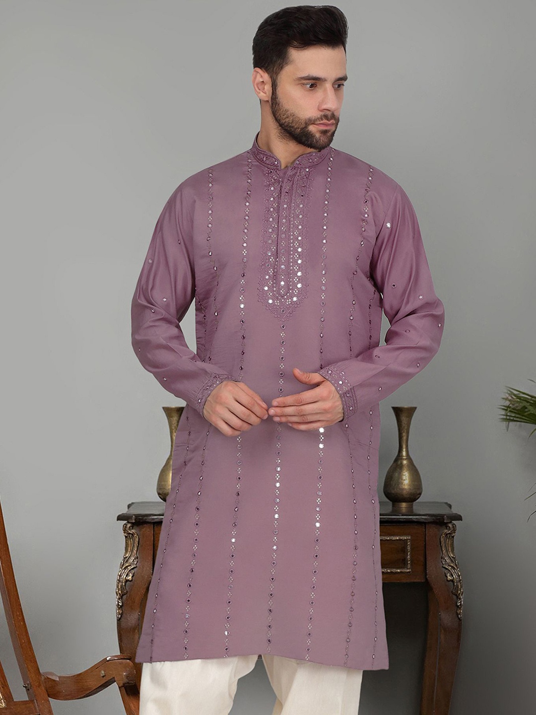 

KRAFT INDIA LUXE Yoke Design Mirror Work Cotton Silk Straight Kurta, Purple