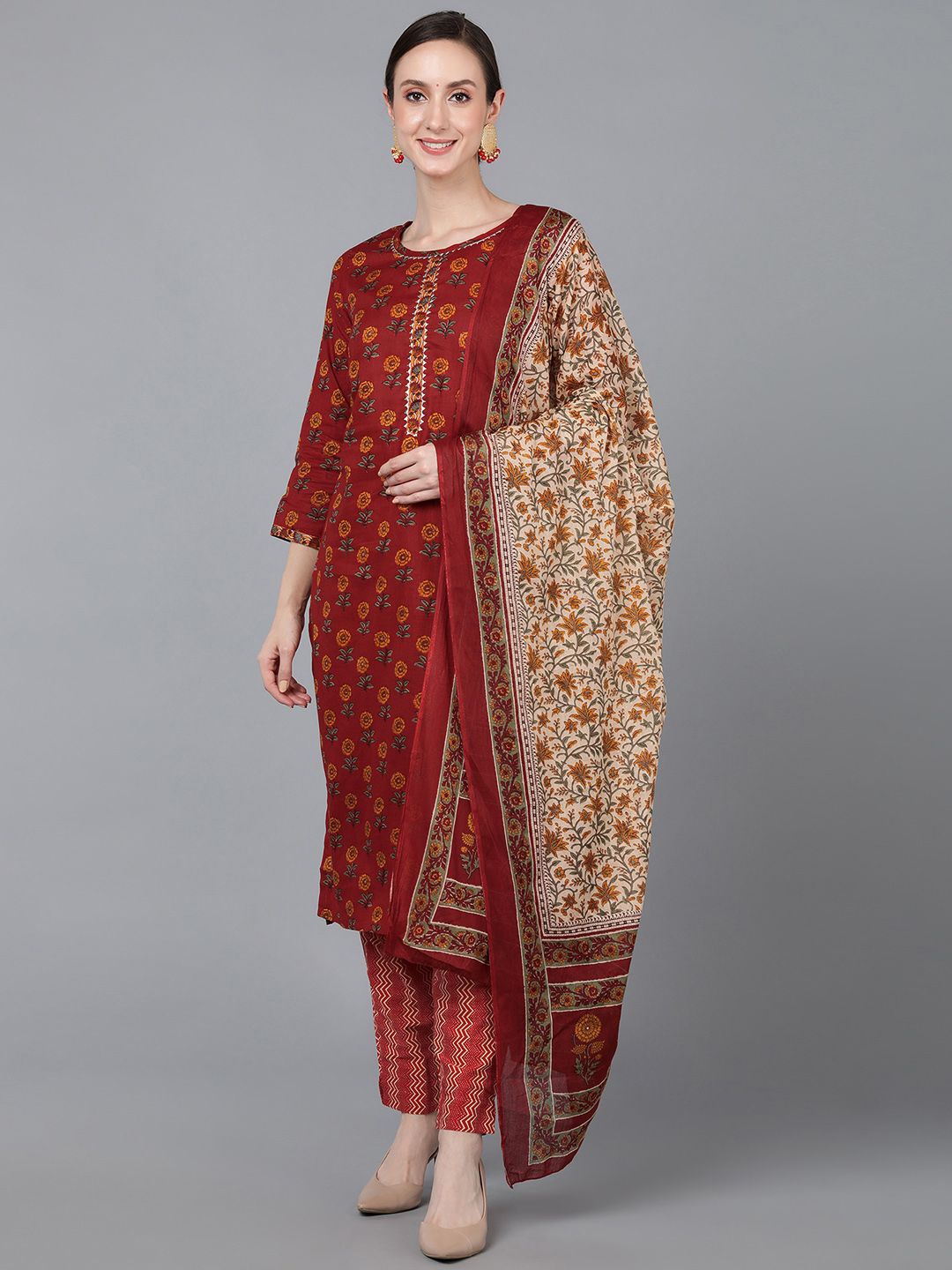 

KALINI Floral Printed Pure Cotton Kurta with Trousers & Dupatta, Maroon