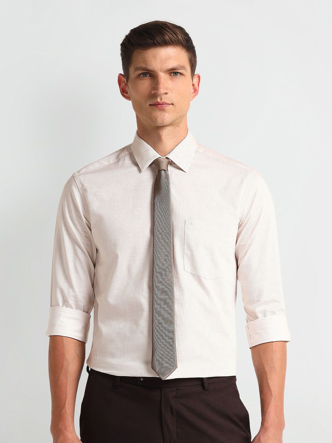 

Arrow Men Modern Spread Collar Checked Cotton Slim Fit Formal Shirt, Brown