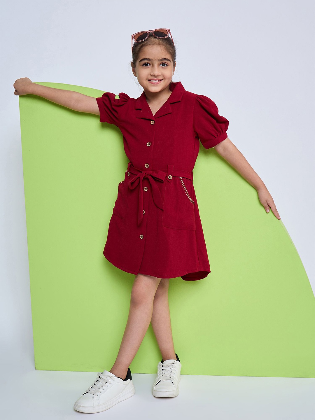 

Peppermint Girls Solid Puff Sleeves Shirt Dress, Maroon
